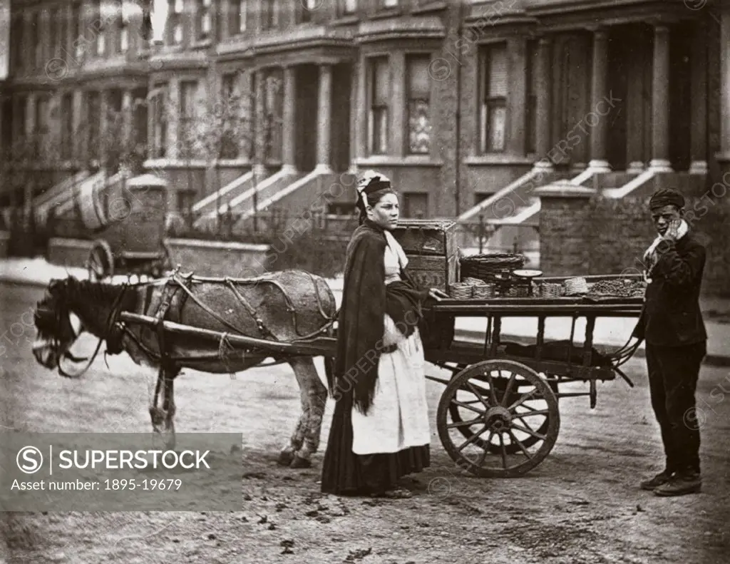 Woodburytype of a female fruit seller with her horse and cart, taken from ´Street Life in London´ (1877), written by Adolphe Smith with photography by...