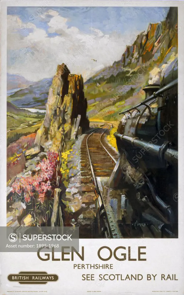 Poster produced for British Railways (Scottish Region), with artwork by Terence Cuneo (1907-1996). Poster showing locomotive winding through picturesq...