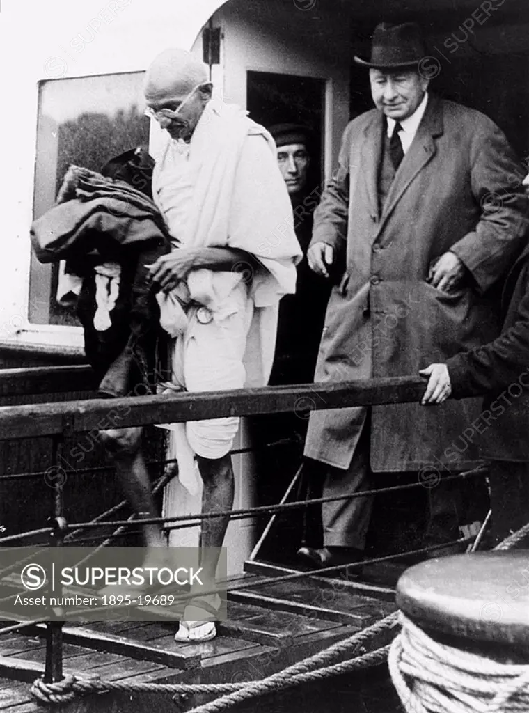 Gandhi alighting from a ferry  Gandhi 1869-1948 is remembered for his civil disobedience policy against British rule in India and his belief in non-vi...