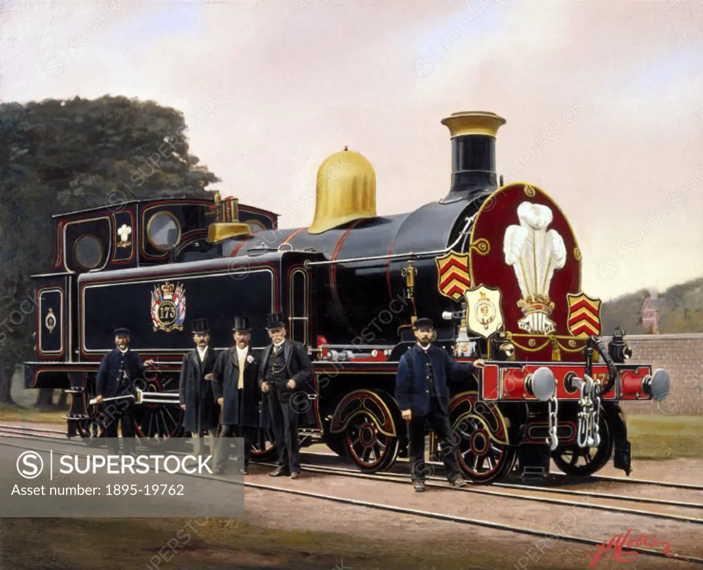 Painted photograph by F Moore, showing railway workers standing beside the locomotive that was used for a tour by the Prince of Wales, who later becam...