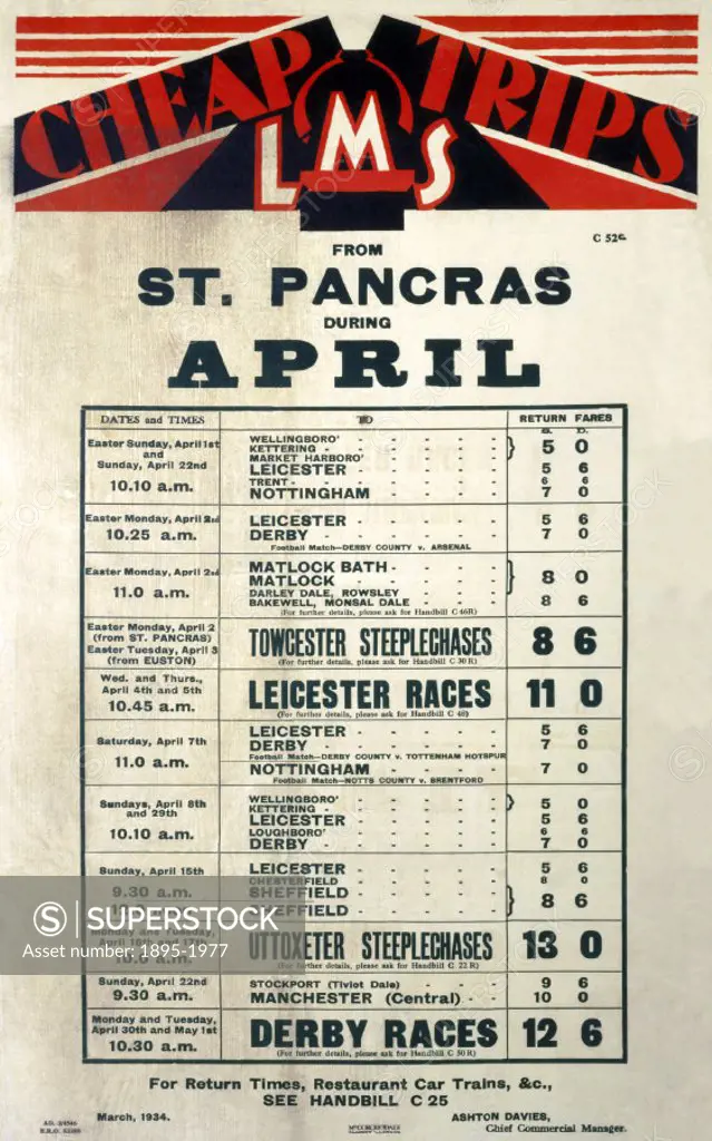 Poster produced for London Midland & Scottish Railway (LMS) to promote cheap fares from St. Pancras station, London, in April 1934.