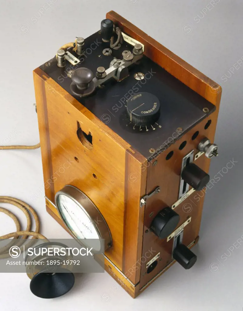 A radio telephony transmitter for use with aircraft, with a round valve and microphone. World War I saw the first attempts at installing radio communi...