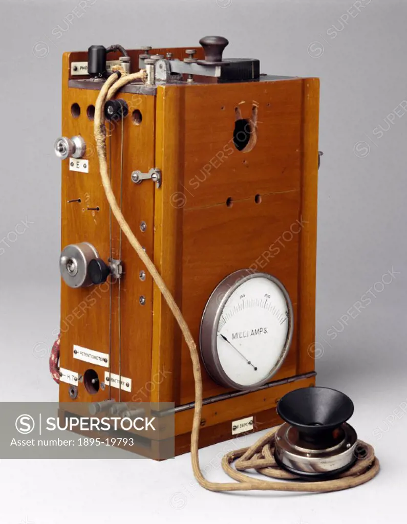A radio telephony transmitter for use with aircraft, with a round valve and microphone. World War I saw the first attempts at installing radio communi...