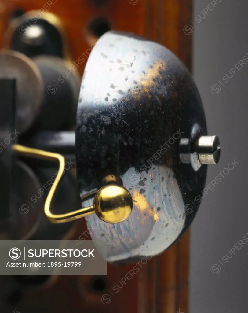 Detail of bell. The American scientist and inventor Thomas Alva Edison (1847-1931) redesigned the telephone shortly after its invention by Alexander G...