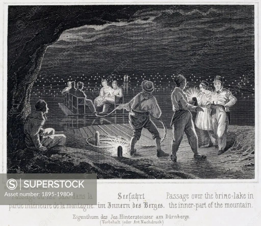 Engraving showing a miner pulling a raft of tourists across a brine lake in a salt mine at Durrnberg (modern spelling), near Salzburg, Austria. One of...