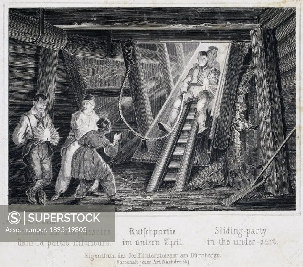 Engraving showing tourists sliding down a mine shaft on their tour in a salt mine at Durrnberg (modern spelling), near Salzburg. One of a series of si...