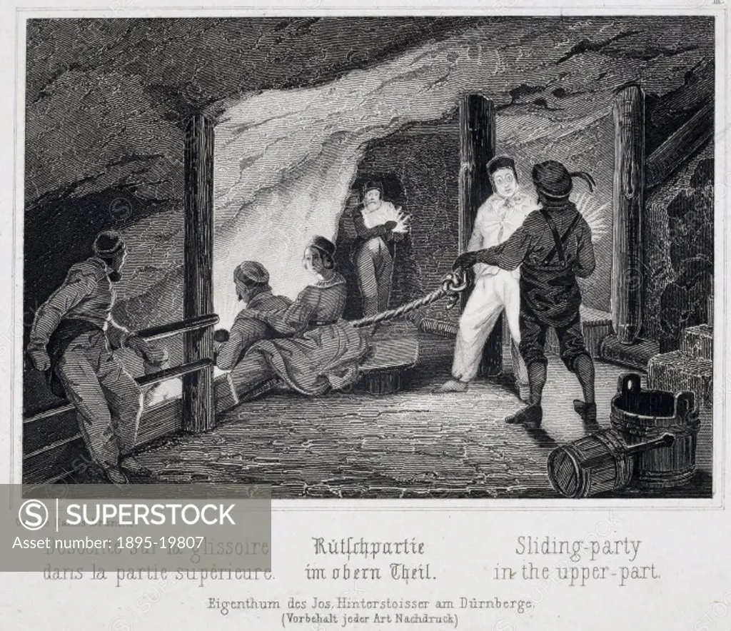 Engraving showing a party of tourists descending into a salt mine at Durrnberg (modern spelling, near Salzburg. One of a series of six engravings by H...