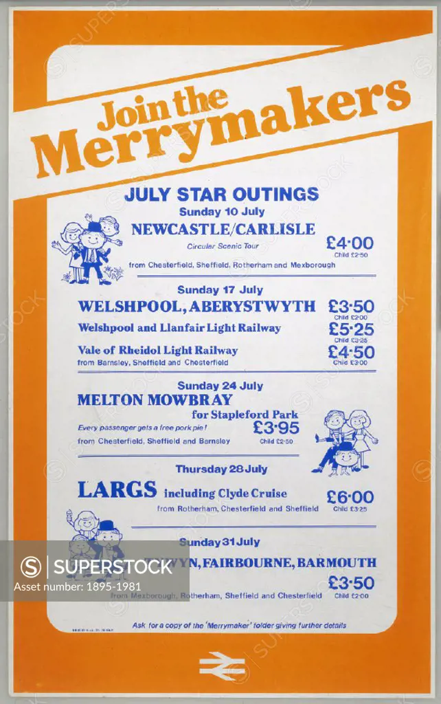 British Rail poster advertising day outings from various parts of Wales, showing cost of trip and cartoon characters.