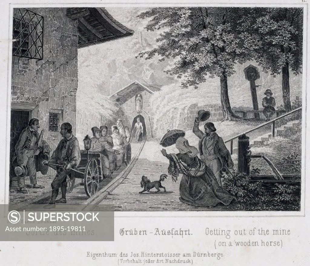 Engraving showing a group of tourists on a hand-pulled rail cart after their trip down a salt mine at Durrnberg (modern spelling), near Salzburg. One ...