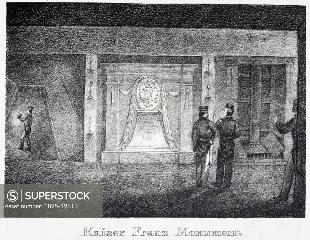 Lithograph by J Stiessberger of Salzburg, showing a view of an underground monument at the entrance to a salt mine. This lithograph is one of eight sa...
