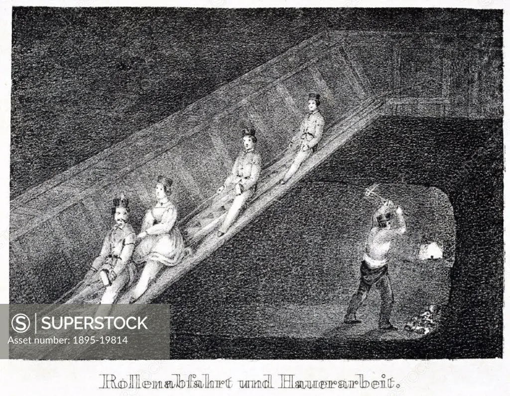Lithograph by J Stiessberger of Salzburg, entitled ´Rollenabfahrt und Hauerarbeit´, showing tourists descending into a salt mine on a specially built ...