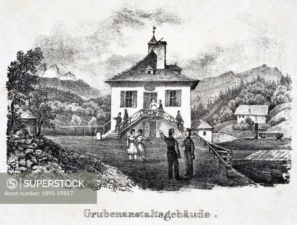 Lithograph by J Stiessberger of Salzburg in Austria, entitled ´Grubenanstaltsgebaude´. This lithograph is one of eight salt mining scenes taken from a...