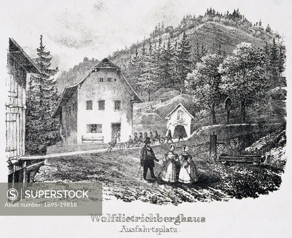 Lithograph by J Stiessberger of Salzburg in Austria, entitled ´Wolfdietrichberghaus´, showing one of the mining buildings and the exit of the salt min...