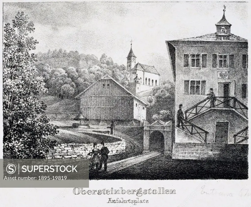 Obersteinbergstollen’. Lithograph by J Stiessberger of Salzburg showing the tunnel entrance of a salt mine. This lithograph is one of eight salt mini...