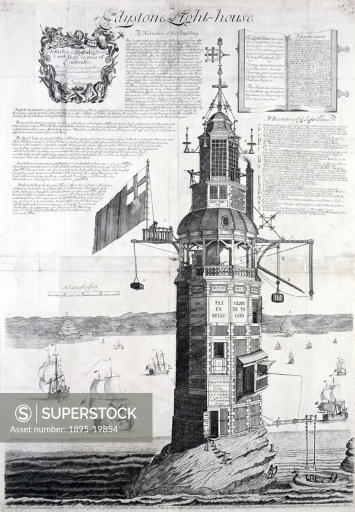Engraving based on Winstanley´s original drawing. Designed by Henry Winstanley (1644-1703) in 1696 and completed in 1699, this timber lighthouse was t...