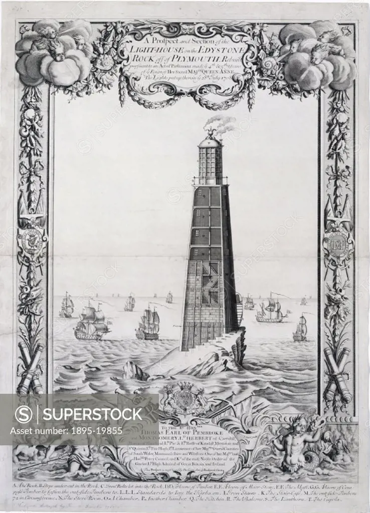 Sectional engraving by I Sturt after Bernard Lens. Designed by John Rudyerd in 1708 and completed in 1709, this masonry based, oak and iron lighthouse...