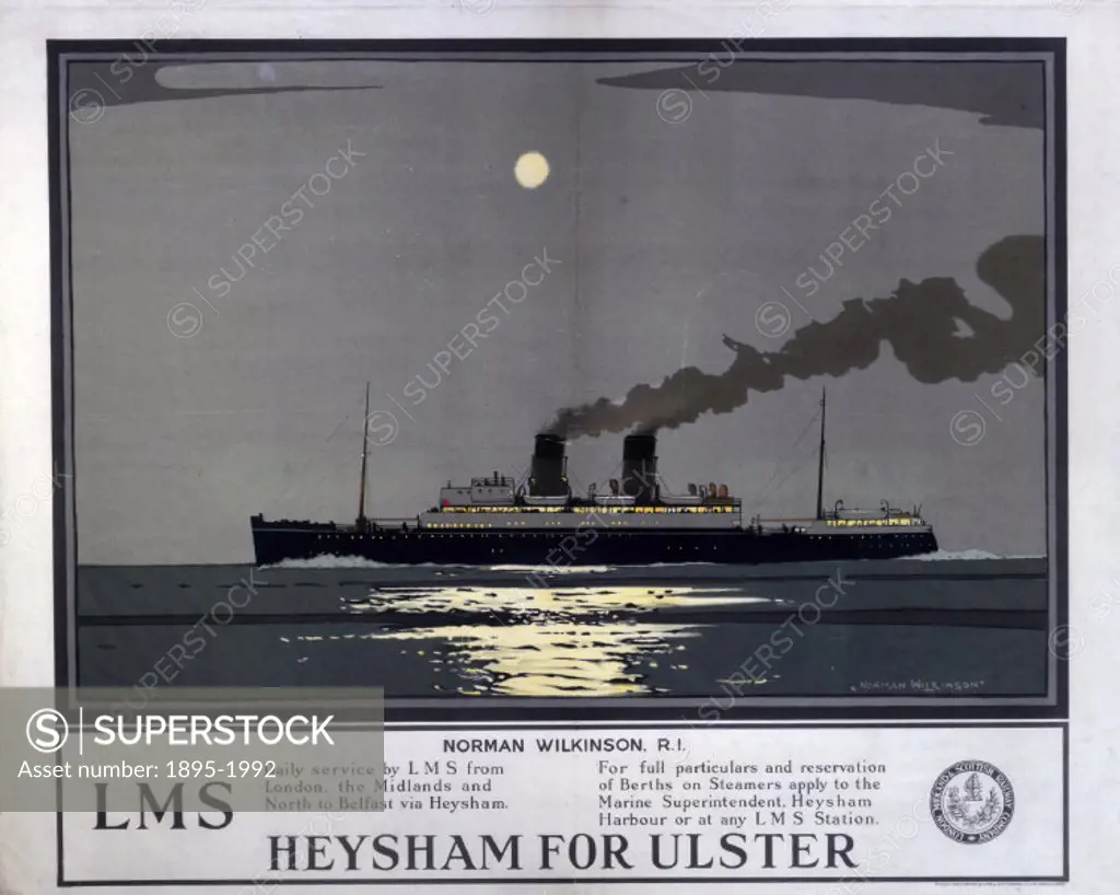 Poster produced for the London, Midland & Scottish Railway (LMS), rail links to Heysham for sailings to Northern Ireland, showing a steamer ship ferry...