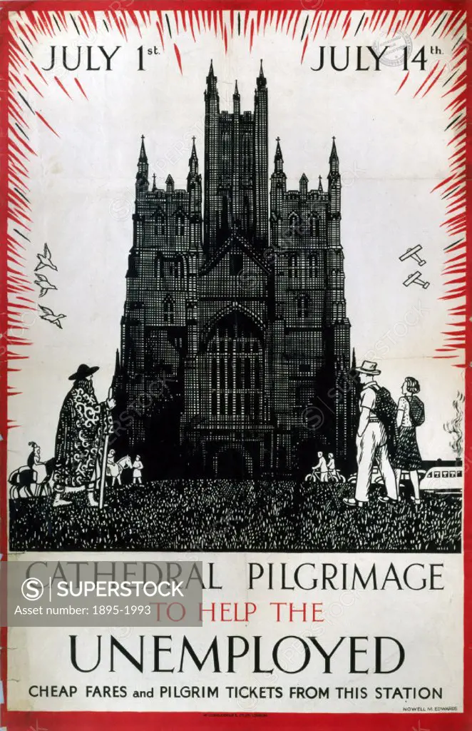 Cathedral Pilgrimage to Help the Unemployed´, LMS poster, 1930s. Poster produced for the London Scottish & Midland Railway (LMS), showing the exterior...