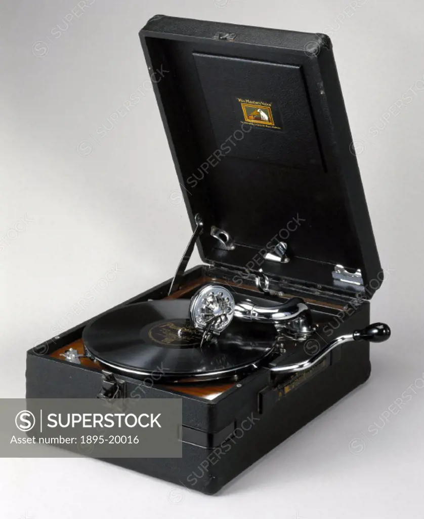 HMV portable gramophone, UK, c 1931. Gramophone made by His Master´s Voice (HMV). Shown in ´The Age of the Mass 1914-1939´, display case in the ´Makin...