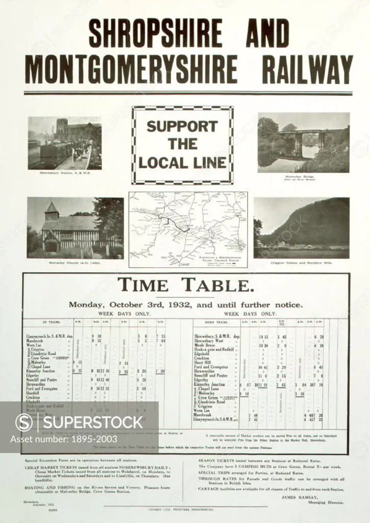 Poster produced for the Shropshire & Montgomeryshire Railway to promote rail services on the local line. The poster shows a route map and timetable al...