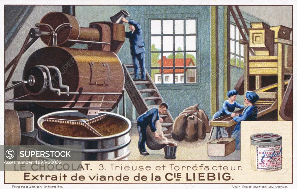 Trieuse et Torrefacteur’, No 3 in the ´Chocolat´ (Chocolate) set of trade cards produced by Liebig, showing workers in a chocolate factory engaged in...