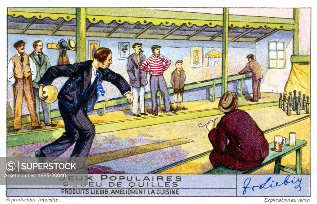 No 6 in the ´Jeux Populaires´ (Popular Games’) series of French beef extract cards by Liebig, showing a group of men drinking and playing skittles. S...