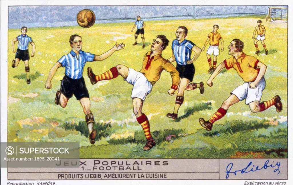 No 1 in the ´Jeux Populaires´ (Popular Games’) series of French beef extract cards by Liebig, showing a football match.