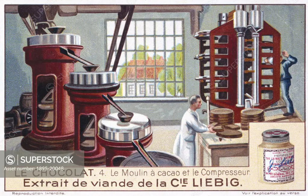 No 4 in the ´Chocolat´ (Chocolate) series of trade cards showing workers in a chocolate factory engaged in various stages of the manufacturing process...