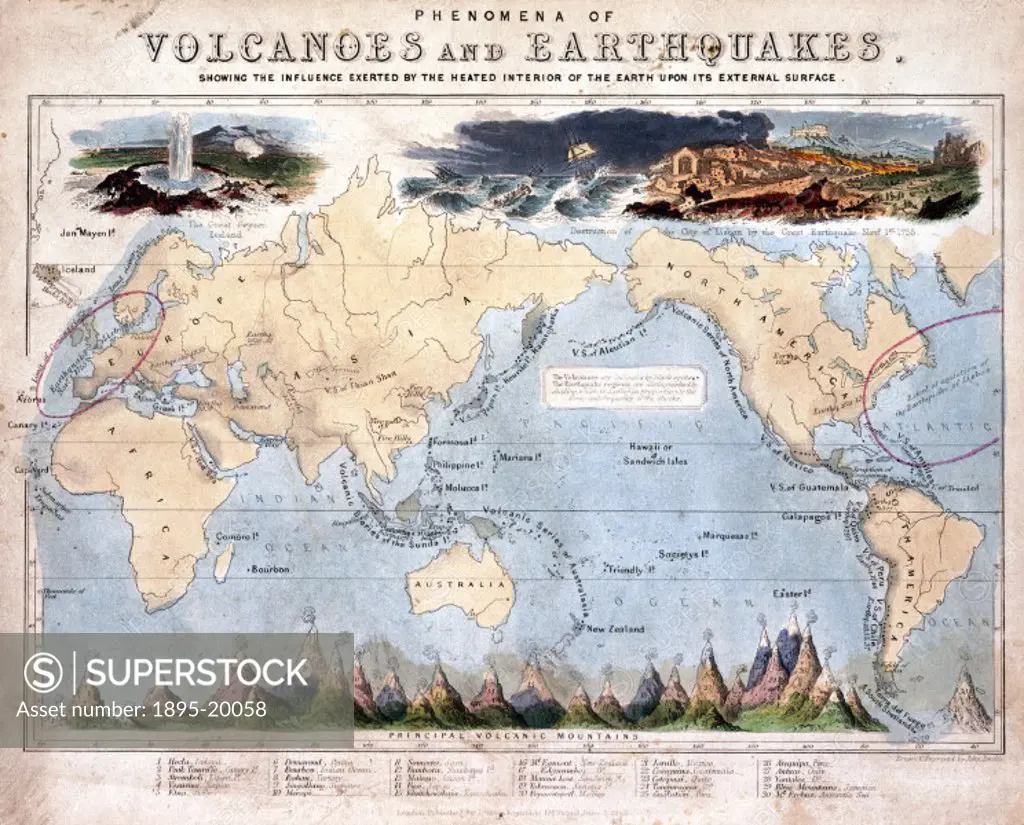 Geographical diagram drawn and engraved by John Emslie, showing a map of the world with the distribution and names of all the active volcanoes. Publis...