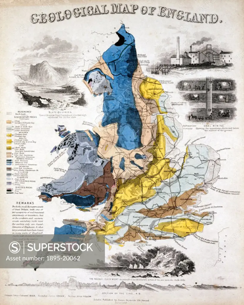 Geographical diagram showing colour-coded areas of rock formations in England and Wales, drawn and engraved by John Emslie and published by James Reyn...