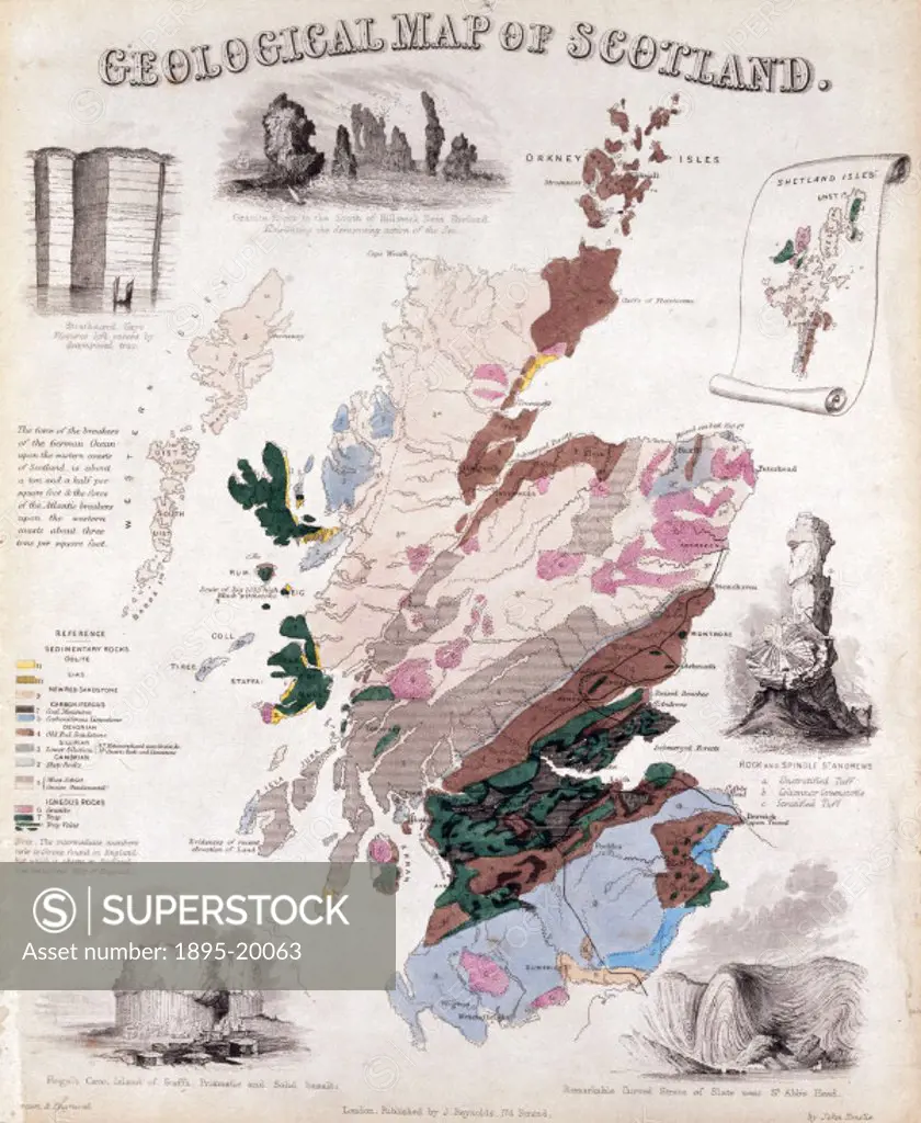 Geographical diagram showing colour-coded areas of rock formations in Scotland, drawn and engraved by John Emslie and published by James Reynolds, 174...