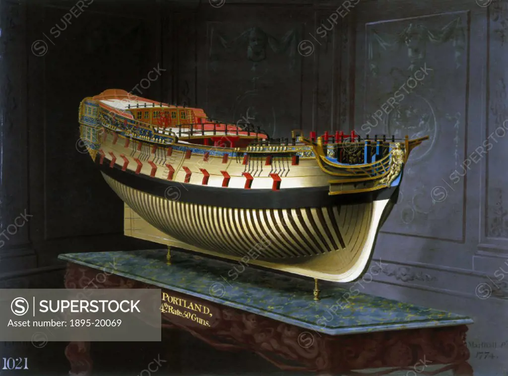 Perspective painting of a whole hull model by Joseph Marshall, commissioned by King George III.  In 1773, George III directed that plans for one of ea...