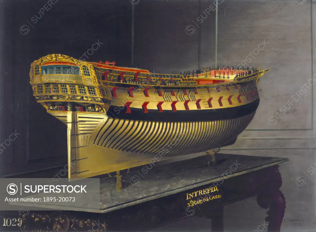 Perspective painting of a whole hull model by Joseph Marshall, commissioned by King George III.  In 1773, George III directed that plans for one of ea...