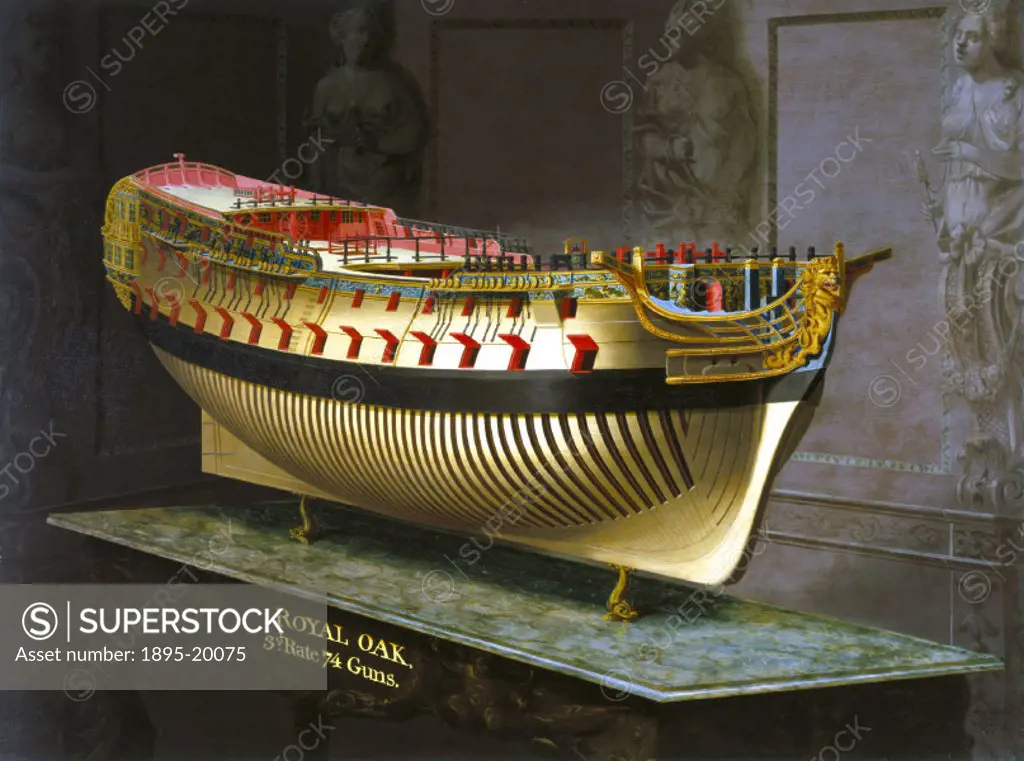 Perspective painting by Joseph Marshall of a whole hull model, commissioned by King George III. In 1773, George III directed that plans for one of eac...