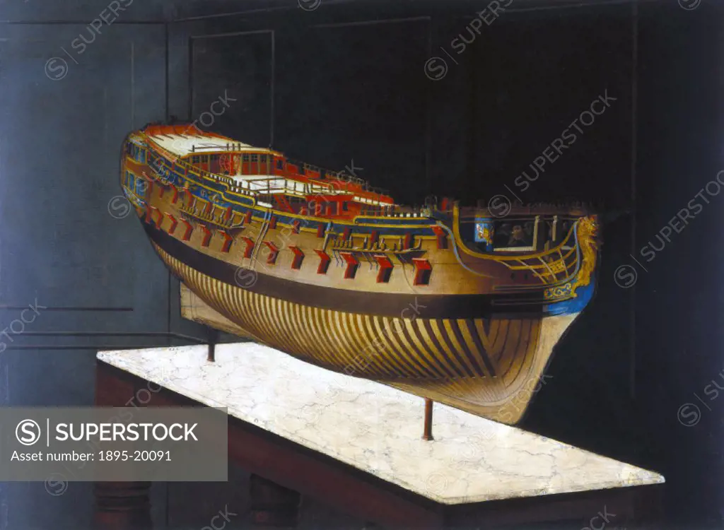 Perspective painting of a whole hull model, shown to King George III in 1773 as a prototype for a potential series, and used to instruct Prince Willia...