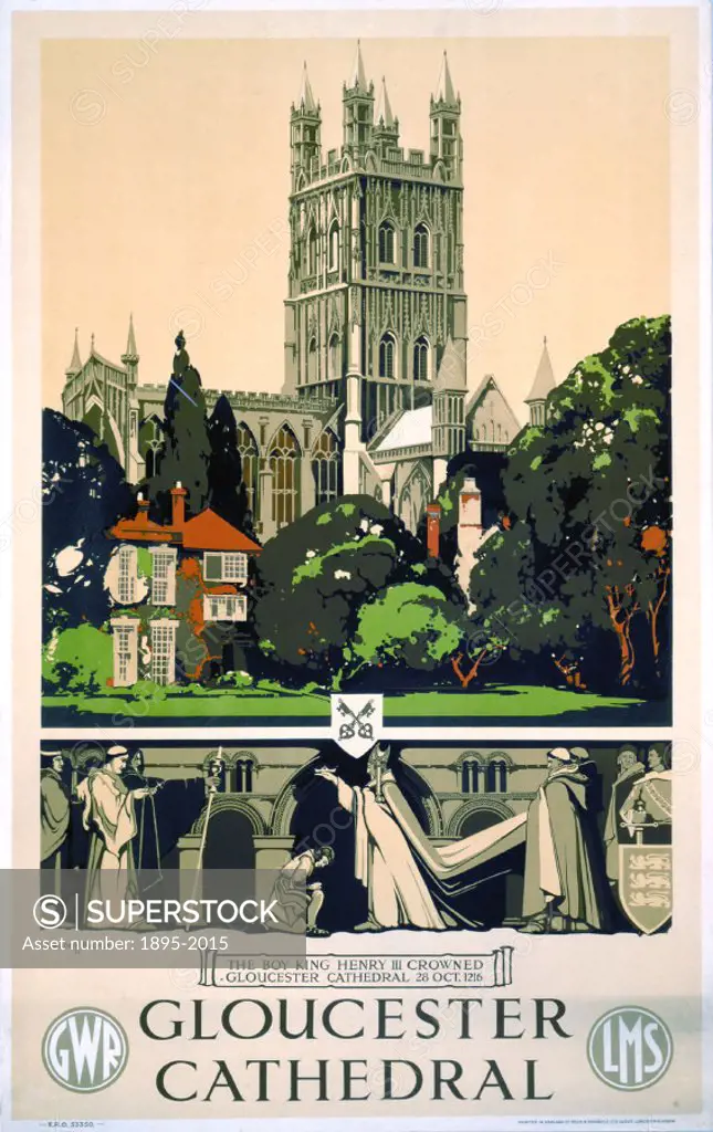Poster produced by Great Western Railway (GWR) and London, Midland & Scottish Railway (LMS) to promote rail travel to Gloucester, Gloucestershire. The...