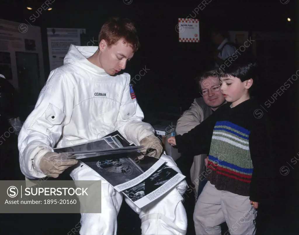 Actor dressed as an astronaut in the Space Gallery. The actor, whose name is Simon Joslin, is playing Gene Cernan who travelled on the Apollo 10 missi...