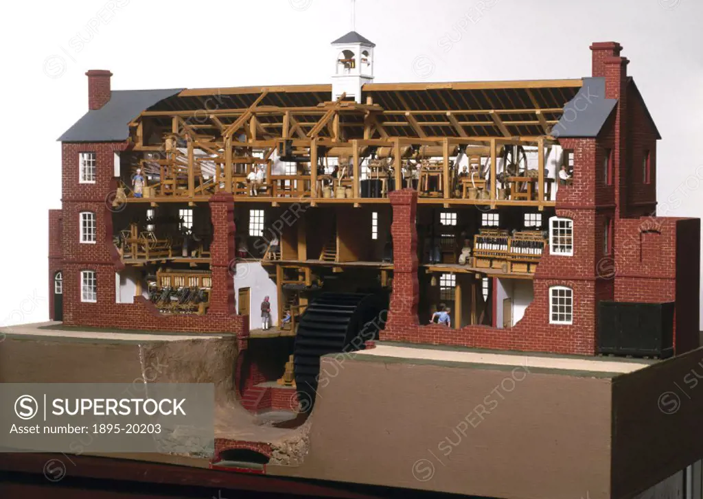 Model (scale 1:32), cut away to show interior. This model of a typical 18th century textile mill is based on drawings of the Collycroft worsted mill i...