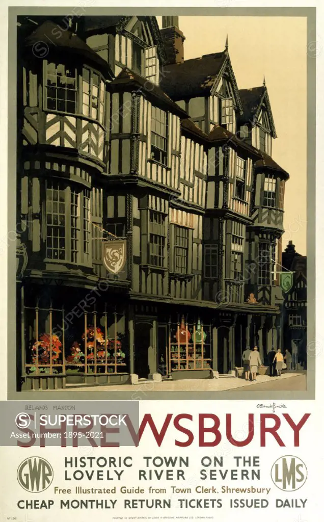 Poster produced by Great Western Railway (GWR) and London, Midland & Scottish Railway (LMS) poster to promote rail travel to the Shropshire town of Sh...