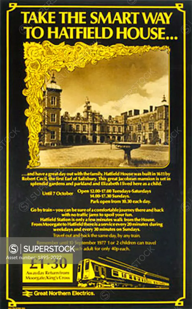 Poster of Hatfield House near Hatfield in Hertfordshire, childhood home of Queen Elizabeth I, produced for British Rail (BR).