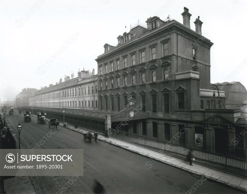 Official Great Western Railway photograph showing the entrance to the departure platforms on Eastbourne Terrace, with the Great Western Railway office...