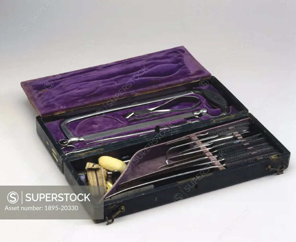 A complete set of amputation tools of steel and ebony within a leather bound case. Some of the instruments were made by Kittel, others by Bornhagen. P...