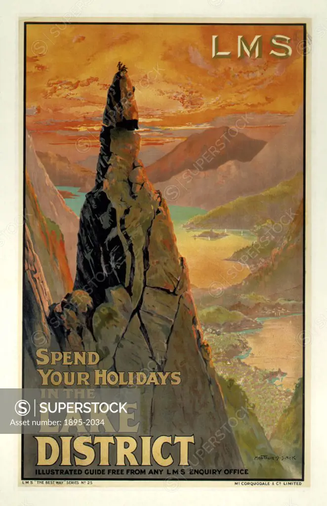 Poster produced for London, Midland & Scottish Railway (LMR) to promote rail travel to the Lake District, Cumbria. The poster shows a striking landsca...