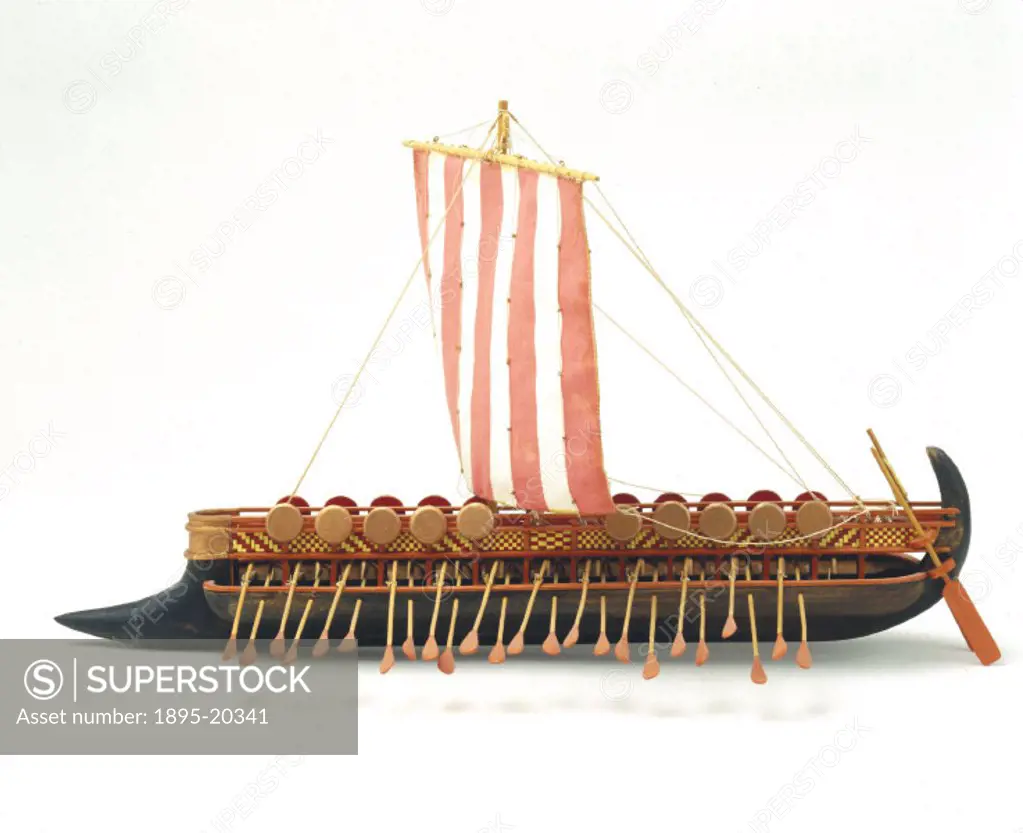 Model made in 1964. The Phoenician bireme is one of the earliest examples of the two tier arrangement of oars, adopted to give greater speeds without ...