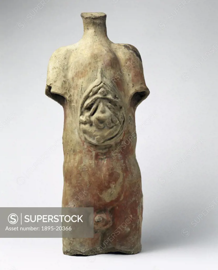 Terracotta votive offering depicting a male torso, dissected to show the viscera (the large organs inside the body, including the heart, stomach, lung...