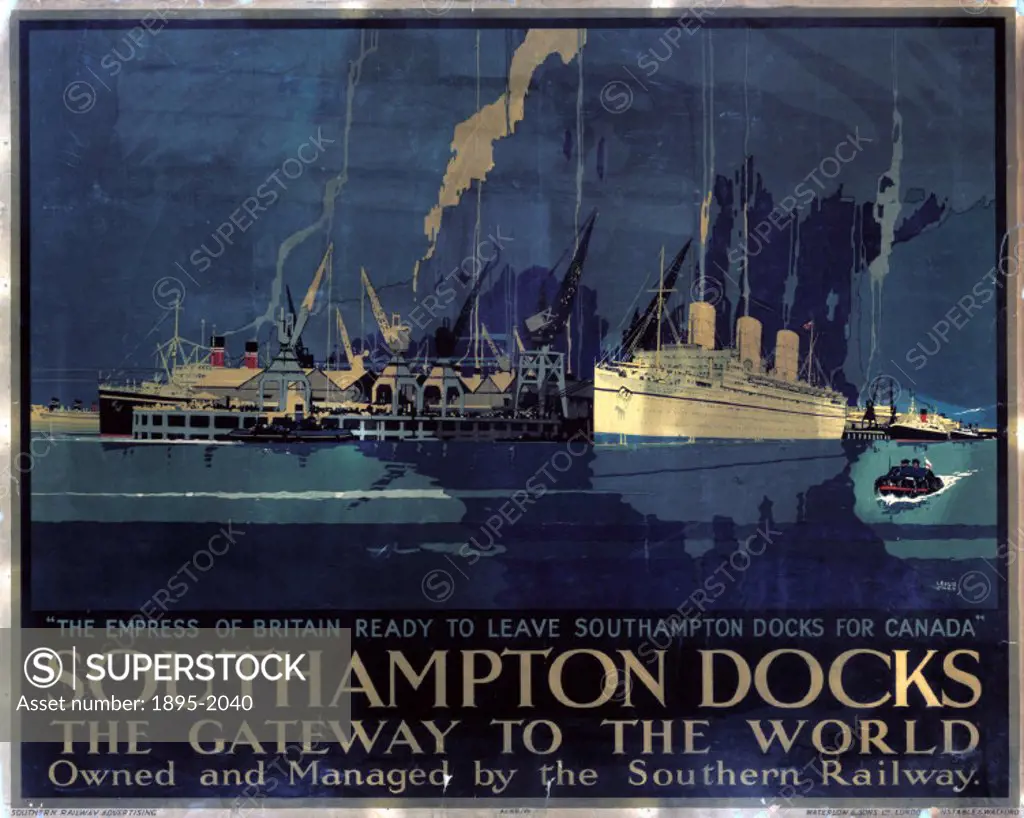 Southern Railway poster showing the Empress of Britain’ about to leave Southampton Docks for Canada. Artwork by Leslie Carr.