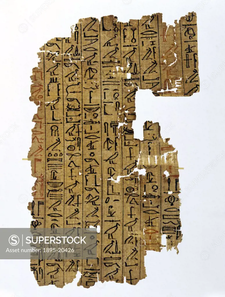 Piece of papyrus with hieroglyphic inscription, Egyptian, 1400-1200 BC. This fragment is from Egyptian ´Book of the Dead´, a collection of chapters ma...