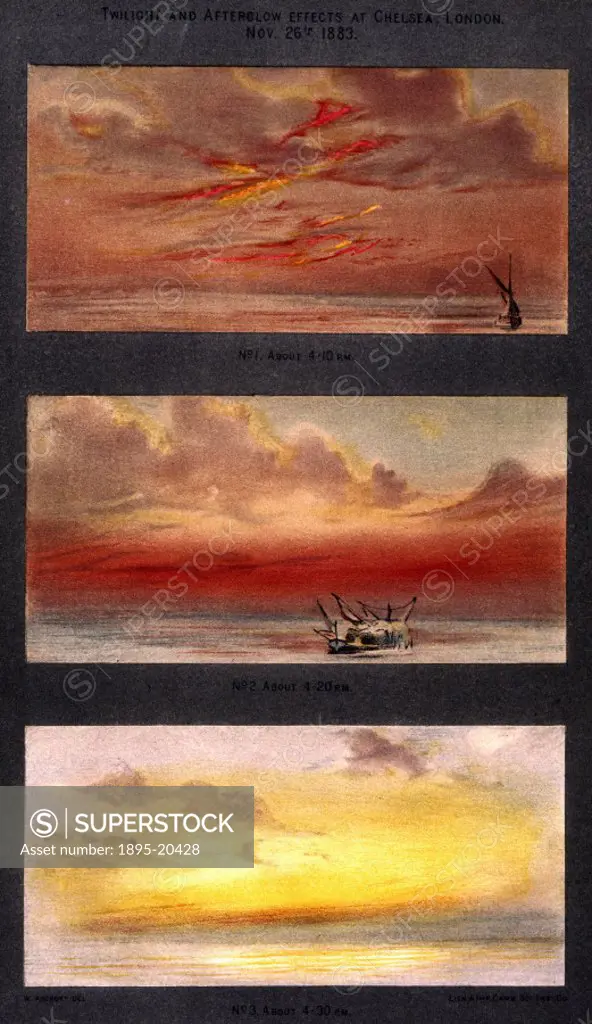 Three pastel sketches by William Ascroft documenting the meteorological effects of the eruption of Krakatoa, Indonesia. On 27th August 1883, the volca...