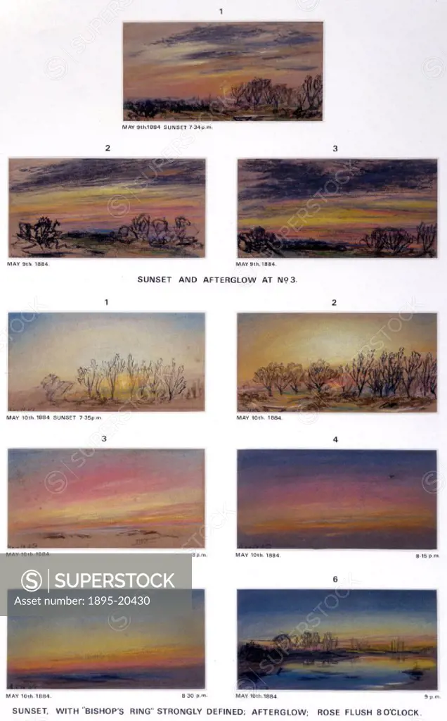 Nine sketches by William Ashcroft, documenting the meteorological effects of the eruption of Krakatoa, Indonesia. On 27th August 1883, the volcano on ...