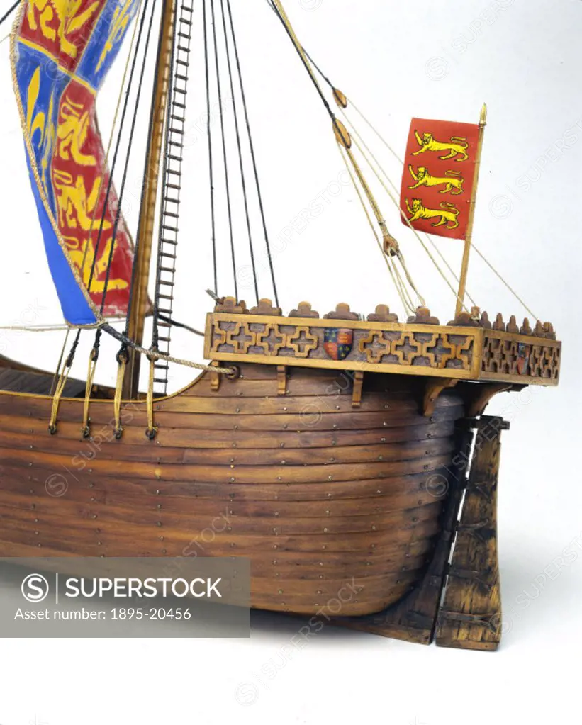 Detail of the rudder, from a rigged model (scale 1:48) based on a representation of a ship contained in the seal of John of Lancaster (1389-1435), Duk...